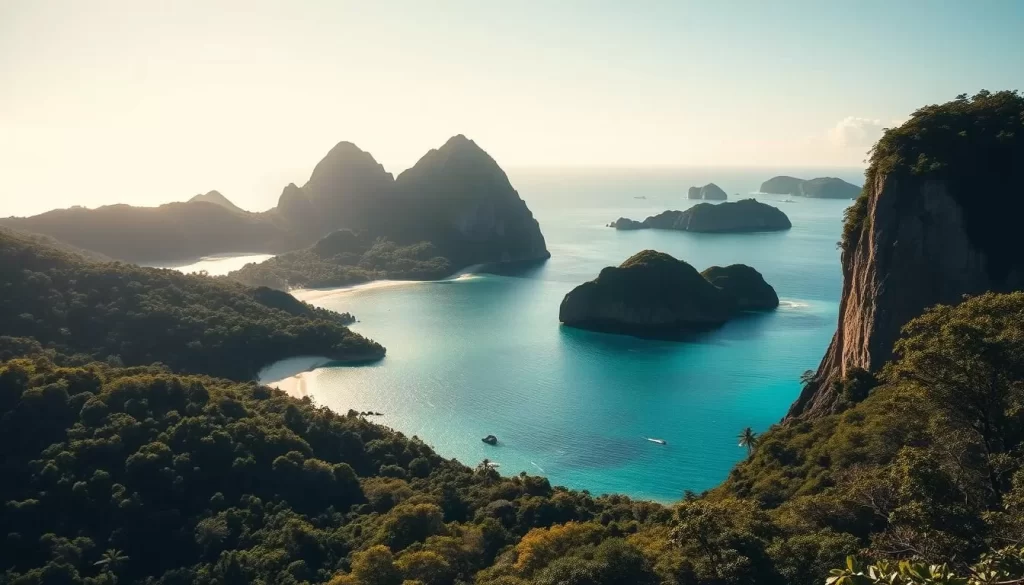 A pristine tropical paradise, the Ogasawara Islands shimmer under the warm Pacific sun. In the foreground, verdant forests and pristine beaches stretch out, home to unique endemic flora and fauna. In the middle ground, majestic cliffs and dramatic rock formations rise up, carved by the relentless ocean waves. Floating in the distance, the azure waters of the surrounding lagoons reflect the cloudless sky above, teeming with diverse marine life. A sense of tranquility and environmental preservation pervades the scene, highlighting the conservation efforts that protect this ecological wonder. Capture the harmony between nature and human stewardship in a cinematic, wide-angle composition, using natural lighting and a shallow depth of field to create an immersive, serene ambiance.