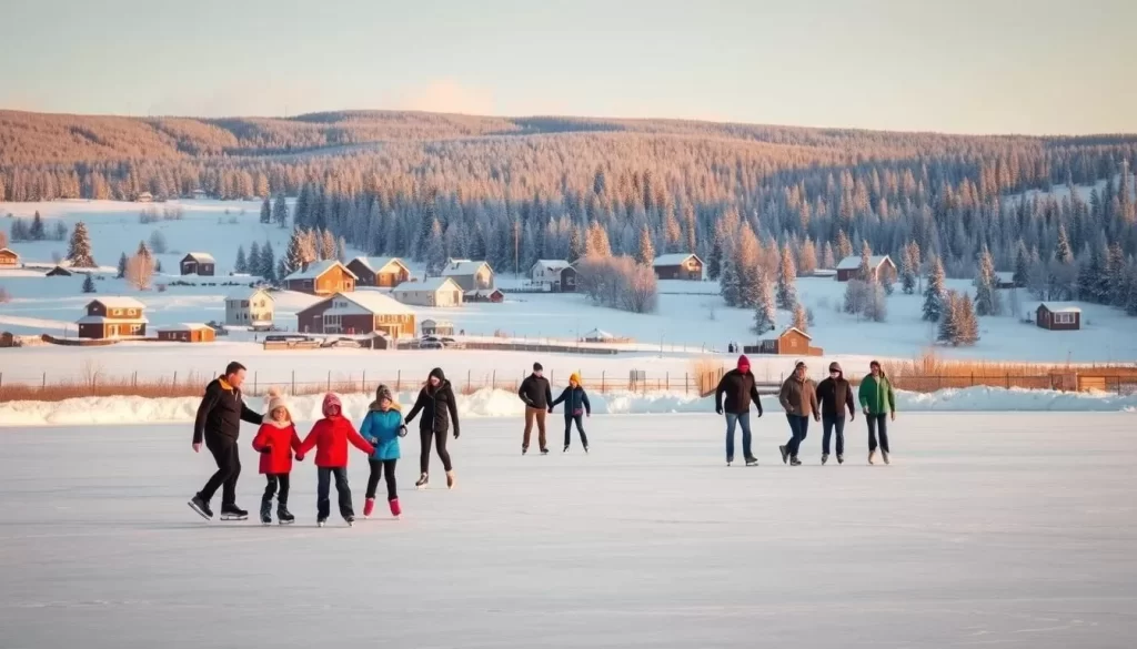 A pristine winter landscape in Prince Edward Island, Canada. In the foreground, families ice skating on a frozen pond, their laughter and joy captured in the crisp, clear air. The middle ground features a picturesque village, with charming homes and quaint shops dusted in a layer of pristine snow. In the background, rolling hills and pine forests, bathed in the warm glow of the golden hour. The scene is illuminated by soft, diffuse natural lighting, creating a serene and picturesque atmosphere. Capture the essence of a quintessential PEI winter wonderland.