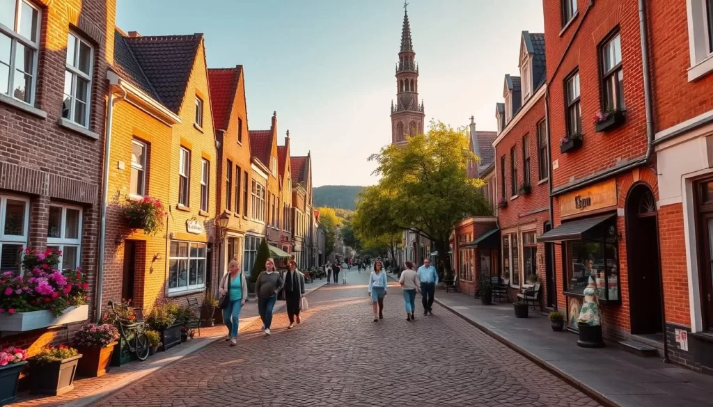 A quaint cobblestone street in the historic city of Delft, Netherlands, bathed in warm, golden sunlight. Charming brick buildings line the sides, their vibrant window boxes and flower-filled gardens adding pops of color. In the distance, the iconic bell tower of the Nieuwe Kerk rises majestically, its intricate architecture casting long shadows across the scene. Pedestrians stroll leisurely, taking in the tranquil atmosphere and discovering hidden gems - a local artisan shop, a tucked-away café, or a centuries-old canal lined with ancient willow trees. The overall mood is one of serene, timeless beauty, inviting the viewer to explore the rich history and unique character of this enchanting Dutch city.