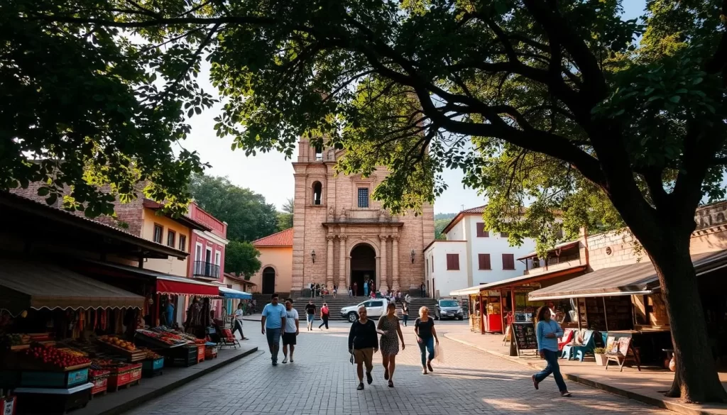 A quaint colonial town nestled in the verdant hills of El Salvador, Suchitoto comes alive with its cobblestone streets, vibrant plazas, and charming colonial architecture. Capture the town's picturesque essence with a wide-angle lens, showcasing the historic church of Santa Lucia towering in the center, its stone facade bathed in warm, golden sunlight. In the foreground, colorful market stalls sell local handicrafts and produce, while pedestrians stroll leisurely, immersed in the town's tranquil atmosphere. Lush, verdant trees frame the scene, casting soft, dappled shadows across the tranquil town square. Convey the inviting ambiance of this quaint Salvadoran gem, perfect for exploring its rich cultural heritage and natural beauty.