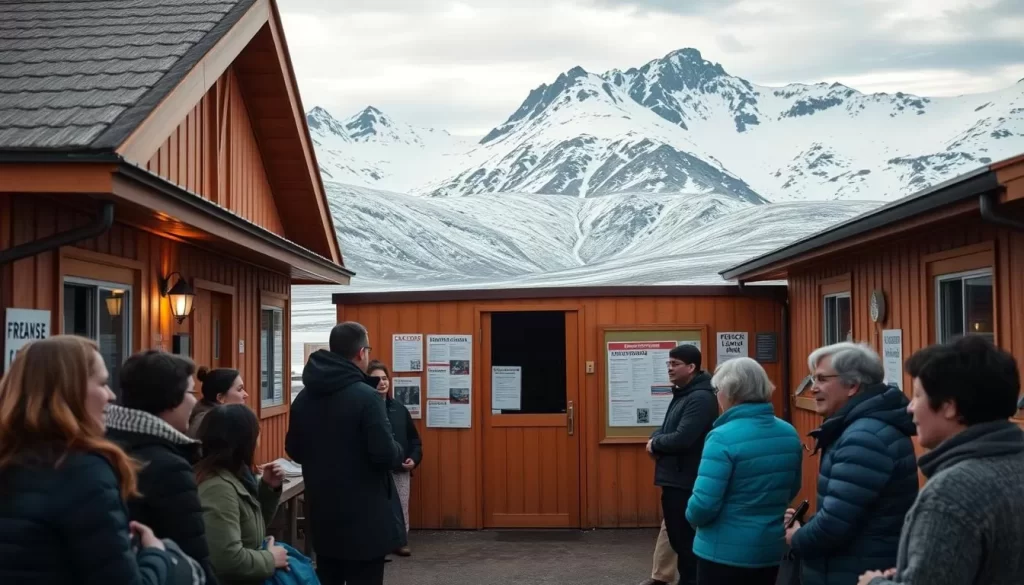 A quaint community center in Nunavut, Canada, where French language services are offered. The building has a traditional Inuit architectural style, with a low-pitched roof and warm wooden exterior. In the foreground, a group of people converse in French, their faces alight with animated discussion. The middle ground features a bulletin board with French-language posters and announcements. In the background, the rugged, snow-capped mountains of the Canadian Arctic create a picturesque backdrop. Soft, natural lighting illuminates the scene, conveying a sense of welcoming and community.