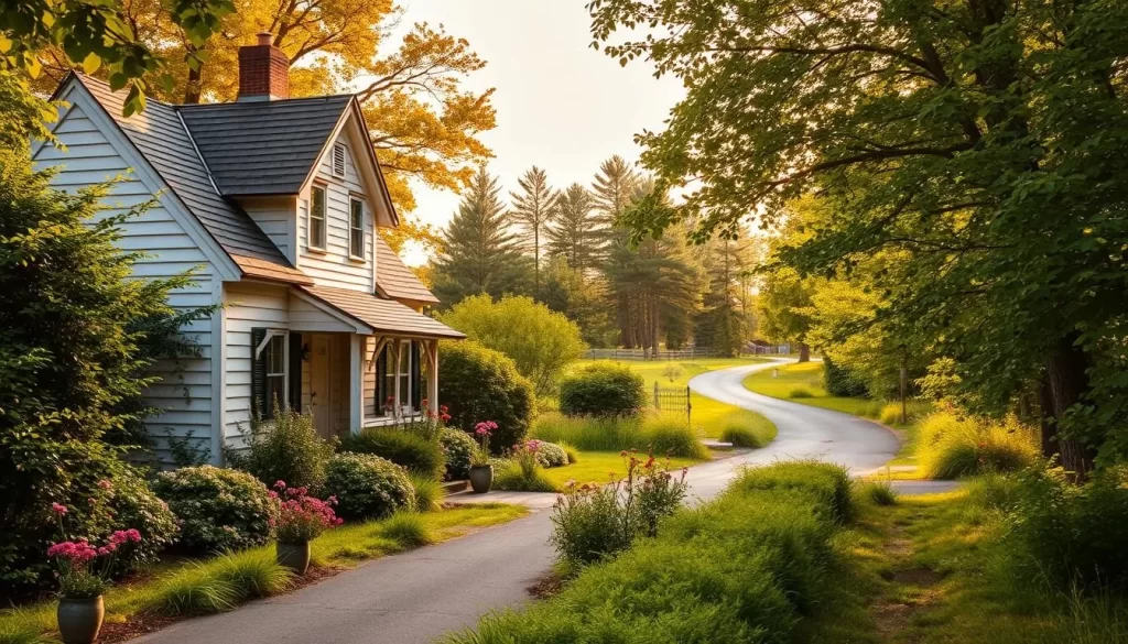 A quaint, picturesque cottage nestled amidst lush, verdant foliage, its softly weathered clapboard siding and charming gables bathed in the warm, golden glow of a sun-dappled afternoon. Clusters of vibrant wildflowers dot the well-tended garden, their delicate petals swaying gently in a gentle breeze. In the distance, a winding country lane leads towards a stand of towering pines, evoking the tranquil essence of Avonlea, the beloved setting of L.M. Montgomery's timeless Anne of Green Gables. The scene radiates a sense of timeless, nostalgic charm, inviting the viewer to step into the enchanting world of this classic Canadian tale.