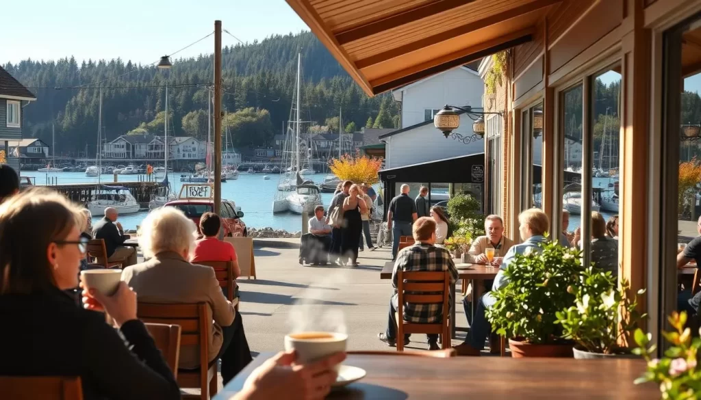 A quaint town nestled in the picturesque San Juan Islands, Friday Harbor boasts a vibrant culinary scene. Imagine a sun-dappled main street, lined with charming cafes and local roasteries. In the foreground, patrons sip steaming cups of coffee, savoring the aroma and gazing out at the bustling harbor. The middle ground features cozy outdoor seating areas, where friends gather to catch up over artisanal baked goods. In the background, sailboats gently bob in the tranquil waters, framed by lush evergreen hills. The lighting is soft and natural, creating a warm, inviting atmosphere. Capture the essence of Friday Harbor's culinary delights through this beautifully composed scene.