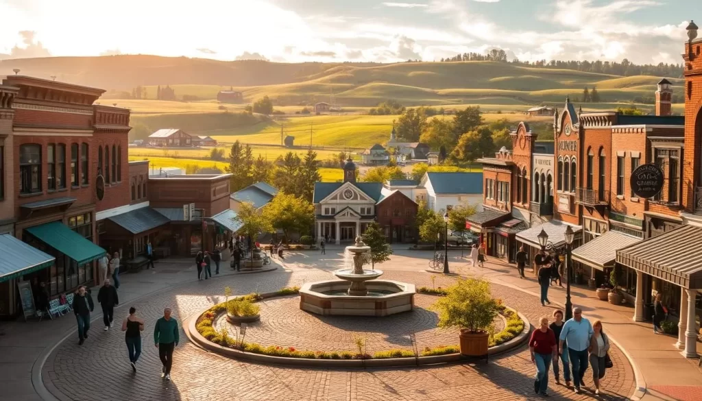 A quaint town nestled in the prairies, Morden comes alive with its charming main street. Cobblestone roads wind through a picturesque downtown, lined with historic buildings housing local shops and cafes. In the foreground, people stroll leisurely, taking in the vibrant yet relaxed atmosphere. The middle ground features a town square with a central fountain, surrounded by lush greenery and ornate architecture. In the background, rolling hills dotted with farms create a serene, pastoral backdrop. Warm, golden sunlight filters through wispy clouds, casting a soft, inviting glow over the entire scene.