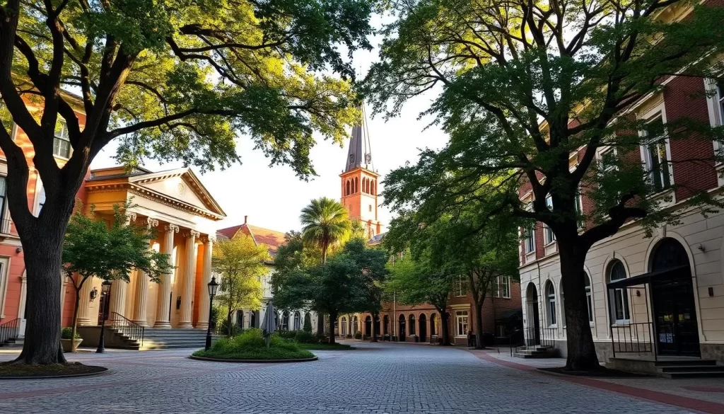 A quaint town square with historic buildings, their timeless facades bathed in warm afternoon sunlight. In the foreground, a cobblestone path winds past a stately courthouse, its grand columns and intricate architecture commanding attention. Towering trees line the streets, their lush canopies providing gentle shade. In the distance, the spire of a century-old church rises above the rooftops, a testament to the town's rich cultural heritage. The scene exudes a sense of quiet elegance and timeless charm, inviting the viewer to explore the unique history and character of this picturesque community.