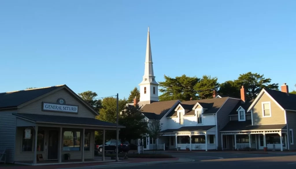 A quaint village nestled along the picturesque shores of Prince Edward Island, Avonlea showcases a collection of historic buildings from the late 19th century. In the foreground, a charming general store with a wrap-around porch and painted wooden siding stands as a testament to the island's past. Nearby, a whitewashed church steeple pierces the clear blue sky, surrounded by mature trees and well-tended gardens. In the middle ground, a row of cozy cottages and inns line the main street, their gabled roofs and dormers casting soft shadows. The scene is illuminated by natural, golden-hour lighting that casts a warm, inviting glow over the entire village, capturing the timeless essence of this beloved historic destination.