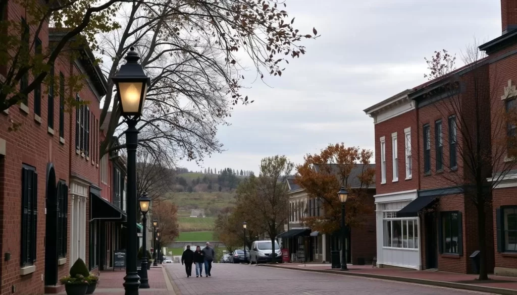A quiet, picturesque street in Gettysburg, Pennsylvania, during the off-season. Muted tones of autumn paint the landscape, with a gentle breeze rustling the trees. In the foreground, an old-fashioned street lamp casts a warm, inviting glow, illuminating the quaint brick buildings and cobblestone path. The middle ground features a few people strolling leisurely, taking in the historic atmosphere. In the background, the famous Gettysburg battlefield stands serene, its rolling hills and monuments silhouetted against a softly clouded sky. This tranquil scene captures the charm and serenity of Gettysburg during the off-season, when crowds have thinned and the town's rich history can be savored at a more peaceful pace.