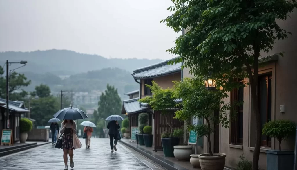 A rainy afternoon in the tranquil city of Ōita, Japan. Gently falling droplets caress the lush greenery and cobblestone streets, creating a soothing symphony. In the foreground, pedestrians leisurely stroll, their umbrellas casting soft shadows upon the pavement. The middle ground features traditional Japanese architecture, its weathered facades reflecting the muted light. In the distance, rolling hills and a hazy horizon hint at the region's natural beauty. The scene is imbued with a sense of serene contemplation, as if time has slowed to embrace the quietude of the rain. Warm, diffused lighting creates a tranquil ambiance, inviting the viewer to experience the gentle embrace of Ōita's renowned rainfall.