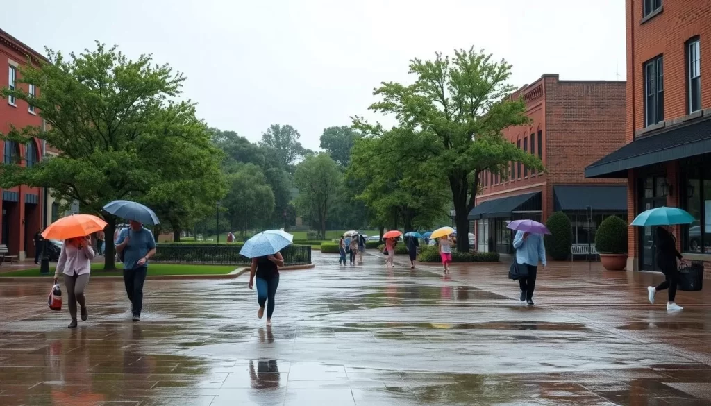 A rainy day in Bowling Green, Kentucky. In the foreground, people stroll with colorful umbrellas, splashing through puddles on the sidewalk. In the middle ground, historic brick buildings line the streets, their windows reflecting the gray skies above. The background is a lush, verdant park, with trees swaying in the soft breeze, creating a serene and atmospheric scene. The lighting is muted and diffused, with a sense of tranquility and coziness pervading the environment. The overall mood is one of quiet contemplation, inviting the viewer to imagine themselves exploring the charming, rain-soaked streets of this lovely town.
