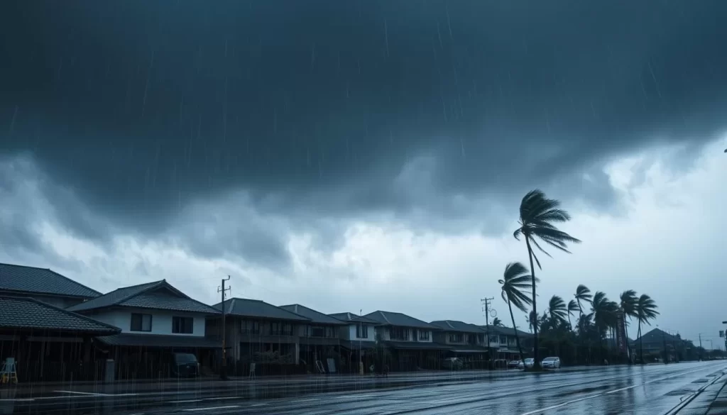 A rainy day in the coastal town of Kanagawa, Japan. Dark storm clouds loom overhead, casting a moody, atmospheric light over the scene. In the foreground, rain pours down, the drops creating ripples in the puddles that dot the streets. In the middle ground, traditional Japanese buildings stand tall, their tiled roofs glistening with moisture. In the background, the silhouettes of tall, swaying palm trees can be seen, their fronds whipping in the strong winds of the approaching typhoon. The overall mood is one of power and drama, with the elements of nature taking center stage.