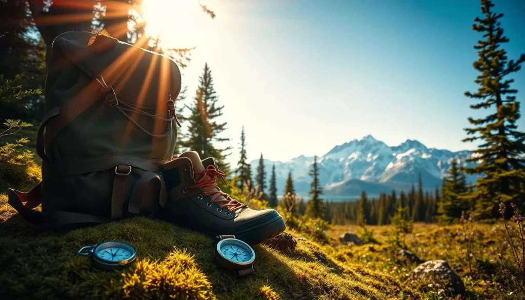 A rugged backpack, weathered hiking boots, and a compass lay on a mossy forest floor. Rays of warm sunlight filter through the canopy, casting a golden glow. In the distance, towering snow-capped peaks rise against a clear azure sky. Lush evergreen trees and wildflowers dot the lush, verdant landscape. This serene, natural scene evokes the adventurous spirit of Tombstone Territorial Park, a pristine wilderness awaiting intrepid hikers. The essential gear reflected here promises a immersive, off-the-beaten-path experience amidst Yukon's untamed beauty.