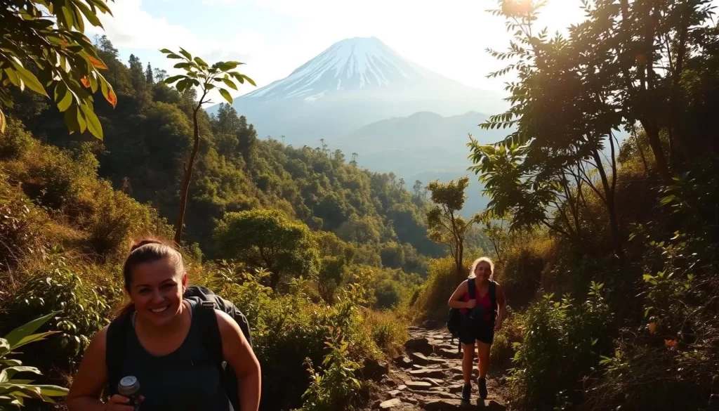 A rugged, meandering mountain trail winds through lush, verdant foliage, with the majestic, snow-capped peak of Acatenango Volcano towering in the distance. Hikers navigate the challenging terrain, their faces flushed with exertion, yet their expressions radiant with a sense of adventure and accomplishment. Warm, golden sunlight filters through the canopy, casting a serene glow over the scene. The image conveys the demanding, yet rewarding nature of the Acatenango hike, capturing the essence of the journey and the breathtaking vistas that await those who undertake this incredible outdoor experience.