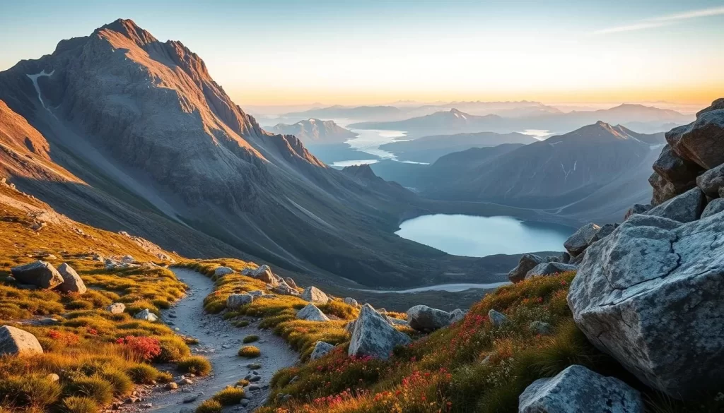 A rugged mountain landscape with a pristine alpine lake nestled between towering peaks, bathed in soft, golden afternoon light. A hiking trail winds through the foreground, flanked by vibrant wildflowers and ancient, weathered boulders. In the distance, a panoramic view of the Pisuktinu Tunngavik Territorial Park unfolds, with glaciers glistening on the horizon. A sense of tranquility and adventure permeates the scene, inviting the viewer to explore this remote and untamed wilderness.
