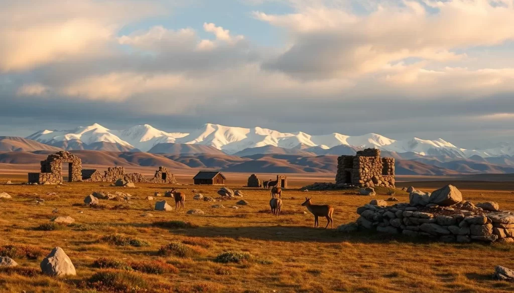 A rugged, windswept landscape on Banks Island, Northwest Territories. In the foreground, ancient stone structures and remnants of indigenous settlements, worn by time and the elements. Middle ground reveals gently rolling tundra, dotted with wildflowers and caribou trails. The distant background is a panorama of snow-capped peaks, their slopes bathed in warm, golden sunlight filtering through wispy clouds. The scene conveys a sense of timeless solitude and the enduring presence of human history amid the striking natural beauty of the Canadian Arctic.