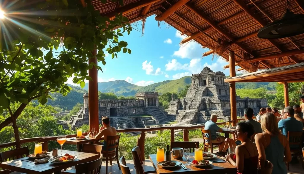 A rustic open-air restaurant set against the backdrop of the ancient Mayan ruins of Copan Ruinas. Sunlight filters through lush foliage, casting a warm, inviting glow over the thatched-roof dining area and wooden furnishings. In the foreground, local dishes and tropical cocktails adorn the tables, surrounded by the chatter of contented diners. The middle ground features the historic stone structures of the Copan Acropolis, their intricate carvings and weathered facades adding an air of timeless elegance. In the distance, rolling hills covered in verdant vegetation complete the picturesque scene, evoking the natural beauty and rich cultural heritage of this Honduran destination.