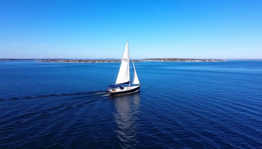 A sailboat gliding across Lake Winnipeg with Gimli in the background
