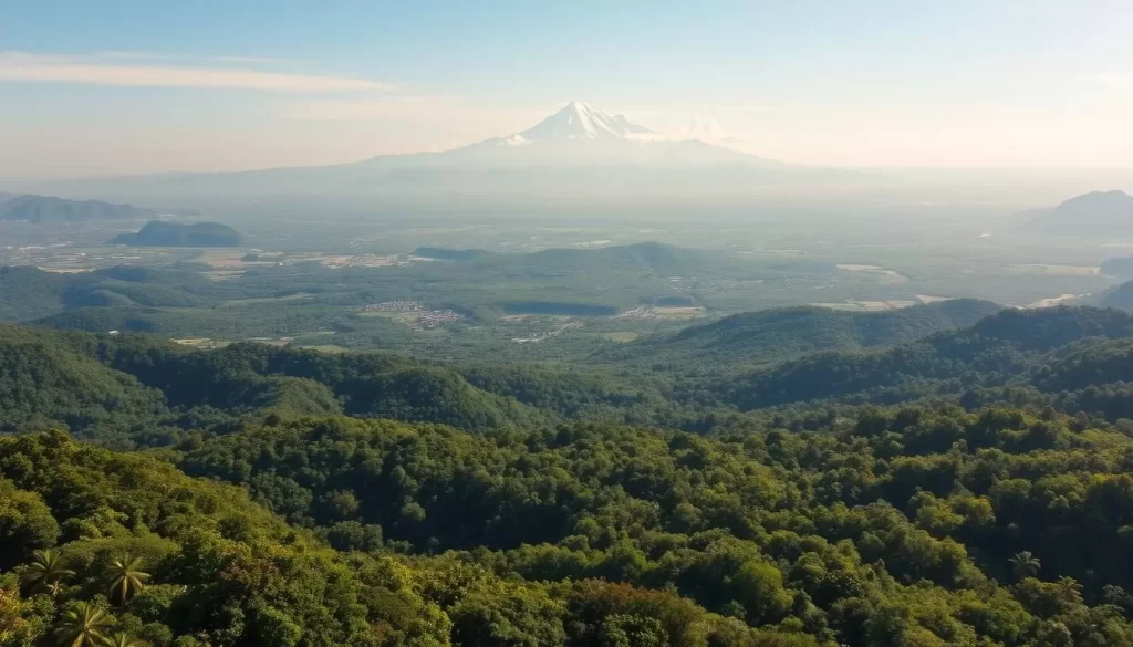 A scenic aerial view of Costa Rica's diverse weather regions, showcasing the country's stunning natural landscapes. In the foreground, lush tropical rainforests teeming with vibrant vegetation. In the middle ground, a patchwork of rolling hills and valleys, each with its own distinct microclimate. In the distance, the majestic Talamanca mountain range, its peaks capped with snow. The scene is bathed in warm, golden sunlight, creating a serene and inviting atmosphere. The image captures the essence of Costa Rica's varied weather patterns, from the humid, rainy forests to the cooler, drier highlands, all within a breathtaking panoramic view.