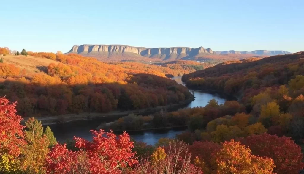 A scenic autumn day in Winona, Minnesota. In the foreground, a vibrant array of fall foliage - deep reds, oranges, and golden yellows - cascading down the rolling hills. A winding river cuts through the middle ground, its calm waters reflecting the brilliant hues of the surrounding trees. In the distance, the historic bluffs of Winona rise up, their rugged silhouettes bathed in soft, diffused sunlight. A crisp, clear sky overhead completes the tranquil, picturesque setting, perfect for outdoor activities and seasonal events.