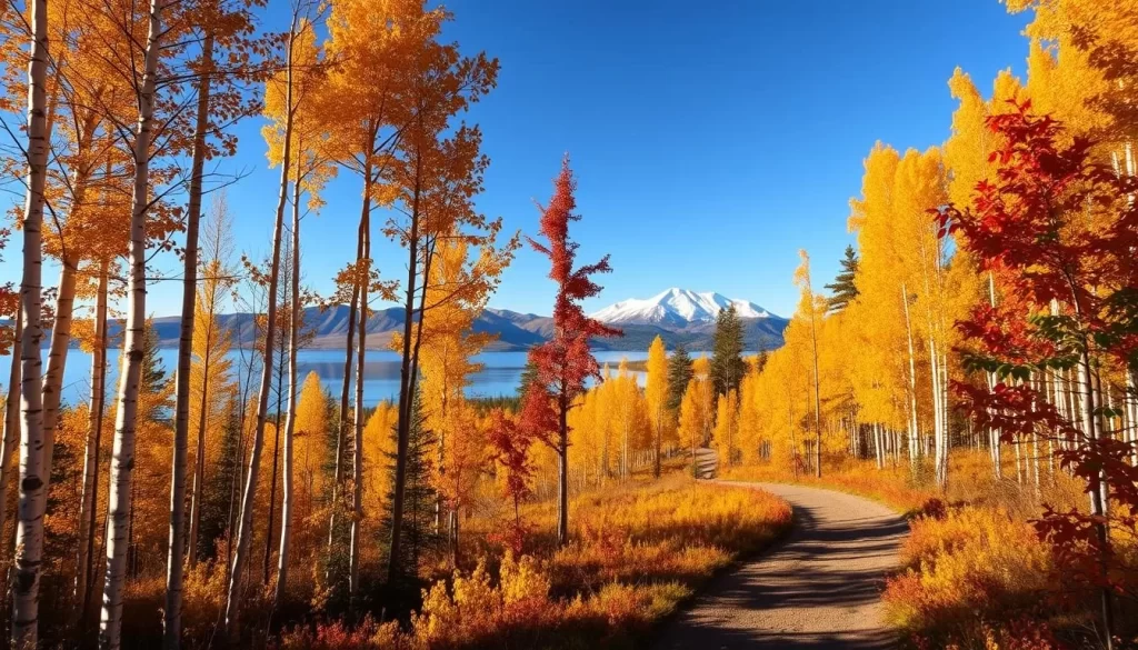 A scenic autumn landscape in the Northwest Territories, Canada. A winding forest path leads through a vibrant palette of golden yellows, fiery oranges, and deep reds. Tall birch and aspen trees frame the foreground, their leaves rustling in a gentle breeze. In the middle ground, a serene lake reflects the vibrant foliage on its still surface. Distant mountains, their peaks dusted with fresh snow, rise up against a clear azure sky. The warm, soft lighting of the afternoon sun casts a magical, glowing atmosphere over the entire scene. Capture the beauty and tranquility of this breathtaking autumnal landscape.