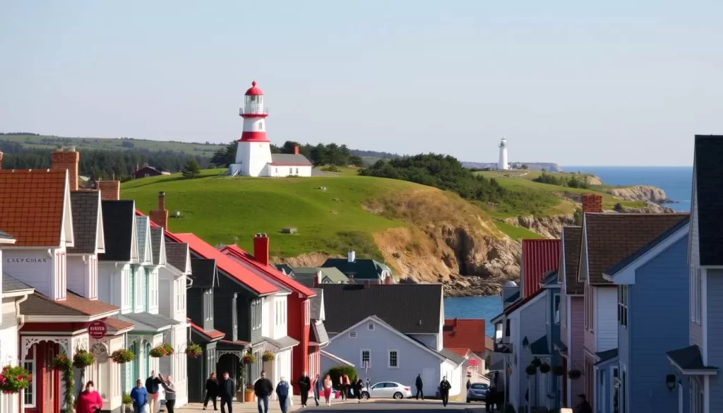 A scenic coastal town on Prince Edward Island, Canada, bathed in warm sunlight. In the foreground, charming colorful houses with gabled roofs and ornate trim line a quaint main street. Pedestrians stroll along the sidewalks, admiring the well-preserved historic architecture. In the middle ground, a green hilltop with a classic red-roofed lighthouse stands proudly, overlooking a sparkling blue bay. The background features rolling hills dotted with trees, and in the distance, a picturesque lighthouse perched on a rocky outcrop. The overall atmosphere is one of tranquility, history, and natural beauty, capturing the essence of Prince Edward Island's scenic coastal towns and historic sites.
