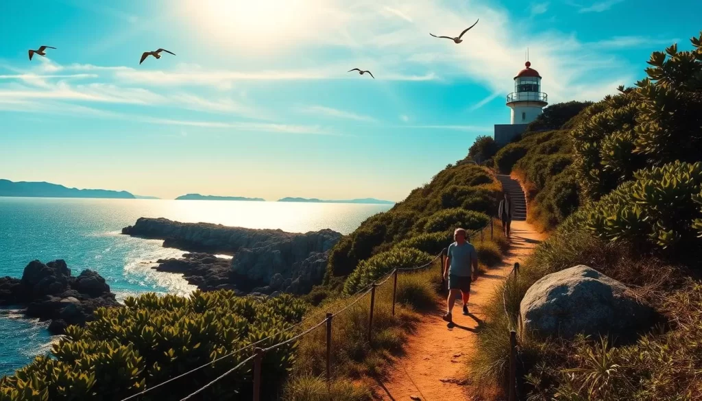 A scenic coastal trail winds through lush, verdant foliage, leading towards a majestic lighthouse that stands proudly against the azure sky. The sun casts a warm, golden glow, illuminating the smooth, weathered rocks and the shimmering waters of the tranquil harbor. Seabirds soar gracefully overhead, their cries echoing in the gentle breeze. Hikers amble along the well-maintained path, taking in the breathtaking panoramic views of the rugged shoreline and the distant islands on the horizon. The atmosphere is one of peaceful solitude, inviting visitors to immerse themselves in the natural splendor of this captivating coastal landscape.