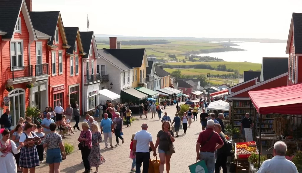 A scenic coastal village on Prince Edward Island, Canada, with brightly painted historic buildings and quaint shops lining the streets. In the foreground, locals and tourists engage in traditional music, dance, and artisanal crafts, creating a lively cultural atmosphere. The middle ground features a bustling farmer's market, where vendors offer locally grown produce, baked goods, and handmade souvenirs. In the background, rolling green hills and the sparkling waters of the Gulf of St. Lawrence create a picturesque natural backdrop. Warm, soft lighting bathes the scene, evoking a welcoming and authentic East Coast Canadian vibe.