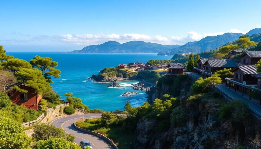 A scenic coastal vista of the Izu Peninsula, Japan, bathed in warm afternoon sunlight. In the foreground, a winding road leads past vibrant green foliage and rocky cliffs overlooking the turquoise waters of the Pacific Ocean. In the middle distance, traditional ryokans and inns dot the landscape, their tiled roofs and wooden architecture blending seamlessly with the natural surroundings. The background is framed by gently sloping mountains, their peaks shrouded in wispy clouds. The overall mood is one of tranquility and adventure, inviting the viewer to explore the many natural wonders and cultural treasures of this picturesque region.