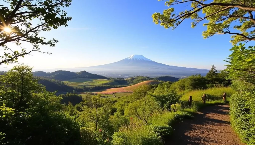 A scenic day trip to Tsukuba's natural wonders. In the foreground, a picturesque hiking trail winds through a lush, verdant forest. Sunlight filters through the canopy, casting a warm, golden glow on the scene. In the middle ground, rolling hills dotted with vibrant wildflowers stretch out towards the horizon. In the background, the majestic Mount Tsukuba rises, its peaks framed by a clear, azure sky. The atmosphere is serene and tranquil, inviting visitors to immerse themselves in the beauty of Tsukuba's countryside.