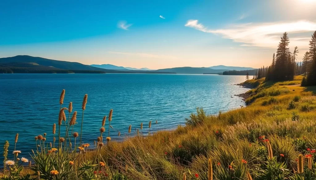 A scenic lakeside landscape showcasing the tranquil beauty of Lake Manitoba. In the foreground, a lush, verdant shoreline with vibrant wildflowers and grasses gently swaying in a light breeze. The middle ground features the shimmering azure waters of the lake, reflecting the hazy blue sky above. Distant shores and rolling hills dotted with tall pines create a serene, picturesque backdrop. Warm, golden sunlight filters through wispy clouds, casting a soft, ethereal glow over the entire scene. Capture the essence of this hidden gem in Manitoba, a place of natural wonder and quiet contemplation.