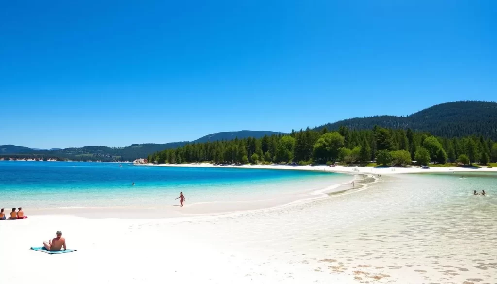 A scenic landscape at Brereton Lake's pristine white sand beach, with crystal-clear turquoise waters gently lapping the shore under a bright, cloudless sky. In the foreground, people leisurely relax on towels and chairs, while others wade or swim in the tranquil lake. The middle ground features lush, verdant pine trees lining the shoreline, creating a serene and natural atmosphere. In the distance, rolling hills and forested areas rise up, completing the idyllic, picturesque setting. Capture this scene with a wide-angle lens, showcasing the breathtaking beauty and serenity of Brereton Lake's beach, perfect for a day of swimming, sunbathing, and enjoying the great outdoors.