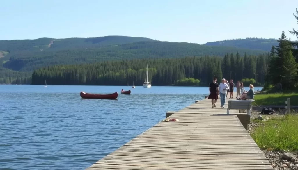A scenic landscape featuring the shores of Cedar Lake, Manitoba on a pleasant day. In the foreground, a wooden dock or pier extends into the tranquil waters, with visitors leisurely enjoying the serene setting. In the middle ground, traditional boats or canoes dot the surface of the lake, while in the background, lush forests and rolling hills create a picturesque backdrop. The scene is bathed in warm, natural lighting, with a clear sky overhead. Convey a sense of relaxation and the opportunity for outdoor recreation and exploration.