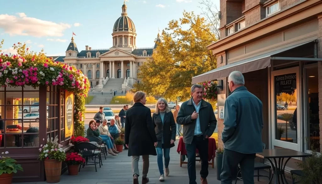 A scenic landscape in Saskatchewan, Canada, showcasing the French language's presence. In the foreground, a charming French-style cafe with vibrant floral displays and a cozy outdoor seating area. In the middle ground, passersby converse in French, their lively gestures and expressions captured. The background features the provincial parliament building, its architecture reflecting the influence of French colonial design. Warm, golden sunlight bathes the scene, creating a sense of peaceful tranquility. The overall atmosphere conveys the harmonious integration of French culture within the Canadian prairie province.