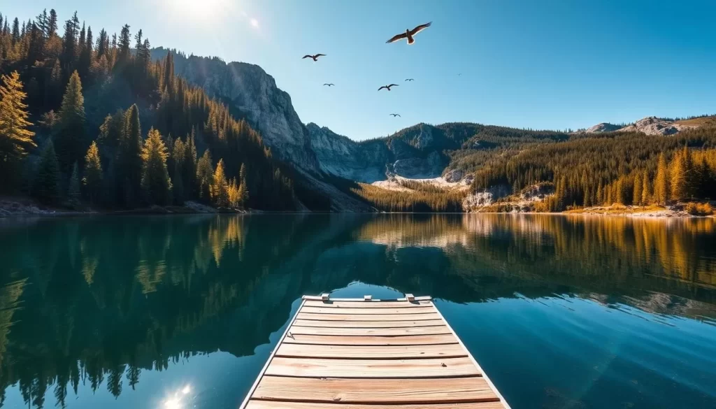 A scenic landscape of Black Lake, a renowned photography hotspot in Manitoba, Canada. The crystal-clear waters of the lake reflect the towering evergreen forests and rugged granite cliffs that surround it. Sunlight filters through the leaves, casting a warm, golden glow over the serene scene. In the foreground, a wooden dock extends into the tranquil waters, inviting visitors to sit and admire the breathtaking natural beauty. Birds soar overhead, their calls echoing across the still surface. The atmosphere is one of peaceful solitude, perfect for nature enthusiasts seeking to immerse themselves in the untamed wilderness of this stunning location.