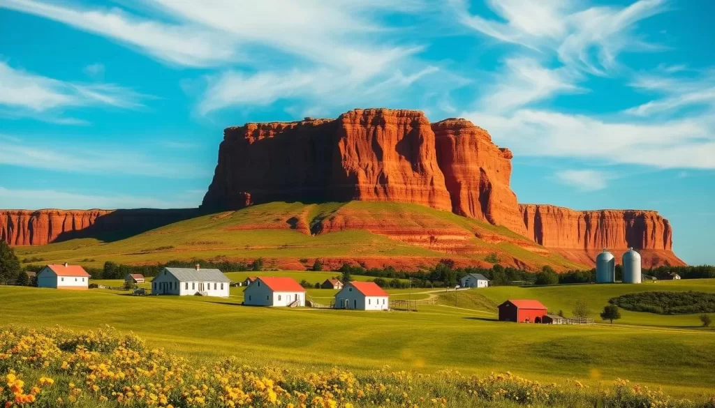 A scenic landscape of Prince Edward Island, Canada, bathed in warm sunlight. In the foreground, rolling green hills dotted with vibrant wildflowers. In the middle ground, quaint farmhouses and silos, their red roofs and white walls reflecting the sun's golden glow. Towering in the background, the iconic red sandstone cliffs of the island's coastline, their layers of sedimentary rock forming intricate patterns. The sky above is a clear, azure blue, with wispy clouds drifting lazily. The overall scene conveys a sense of tranquility and harmony, capturing the essence of Prince Edward Island's natural beauty and the multilingual culture that thrives within it.