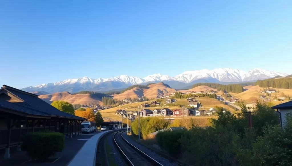 A scenic landscape of Toyama Prefecture, Japan, on a clear sunny day. In the foreground, a serene train station with a traditional Japanese architectural design, surrounded by lush greenery. The middle ground features rolling hills dotted with quaint villages and farmhouses, while the background showcases the majestic snow-capped peaks of the Japanese Alps. Warm, golden sunlight filters through the scene, creating a welcoming and inviting atmosphere. Capture the essence of Toyama's natural beauty and accessibility, highlighting its charm as a premier travel destination.
