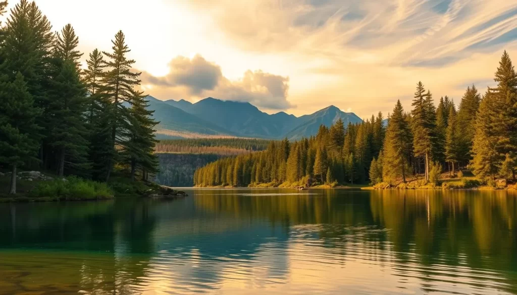 A scenic landscape of Whiteshell Provincial Park, Manitoba, Canada. In the foreground, a pristine lake with crystal-clear waters reflecting the surrounding forests and hills. Tall, verdant pine trees line the shoreline, their branches swaying gently in a soft breeze. The middle ground features rolling hills, with smooth, rocky outcroppings peeking through the lush vegetation. In the background, majestic mountains rise up, their peaks bathed in warm, golden sunlight filtering through wispy clouds. The overall scene conveys a sense of tranquility, natural beauty, and the wonder of the great Canadian wilderness. Capture this serene and picturesque landscape using a wide-angle lens to showcase the grandeur of Whiteshell Provincial Park.