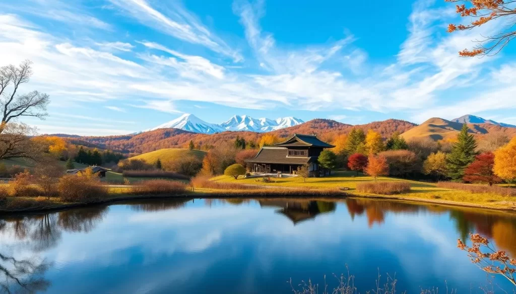 A scenic landscape of Yamagata Prefecture, Japan, during a pleasant seasonal day. In the foreground, a serene pond reflects the azure sky and wispy clouds. Surrounding the water, lush greenery and vibrant foliage in autumnal hues create a cozy atmosphere. In the middle ground, a traditional Japanese wooden house nestled among rolling hills, its roof tiles glowing in the warm, natural lighting. In the background, majestic snow-capped mountains pierce the horizon, their peaks piercing the heavens. The overall scene conveys the distinct four-season climate of Yamagata, its diverse natural beauty, and the tranquil, weather-savvy charm of the region.