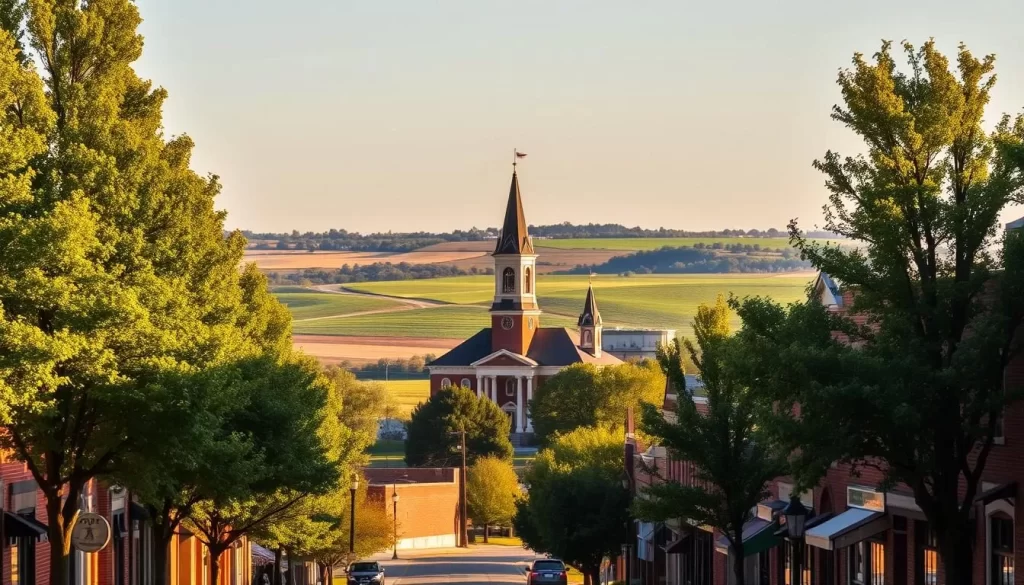 A scenic landscape of York, Nebraska, bathed in warm, golden sunlight. In the foreground, a charming main street lined with quaint brick buildings, their facades adorned with inviting storefronts. Towering trees flank the street, their lush foliage casting gentle shadows. In the middle ground, a historic courthouse stands tall, its elegant architecture a testament to the town's storied past. Beyond, rolling hills and verdant farmlands stretch out, creating a serene, pastoral backdrop. The atmosphere is one of peaceful tranquility, inviting visitors to explore the town's rich history and natural beauty.