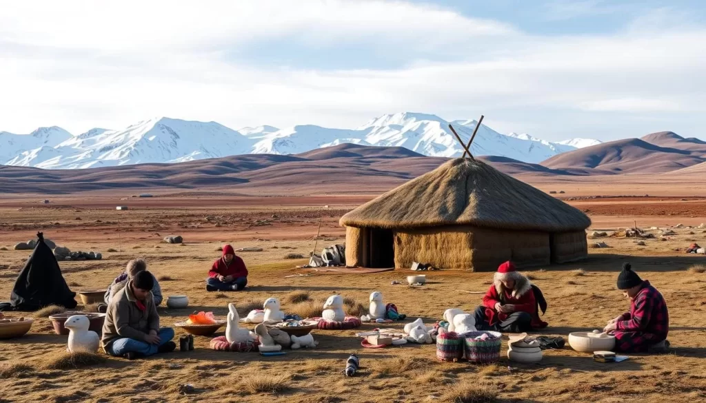 A scenic landscape of a traditional Inuit village nestled amidst the rugged Arctic tundra. In the foreground, a group of local artisans skillfully crafting intricate soapstone carvings and vibrant handwoven textiles. The middle ground reveals a well-preserved sod house, its earthy tones and simple design reflecting the Inuit's resourceful lifestyle. In the background, majestic snow-capped mountains rise up, casting a soft, diffused light over the entire scene. The atmosphere is one of serene cultural immersion, inviting the viewer to appreciate the timeless traditions and resilience of the Inuit people.