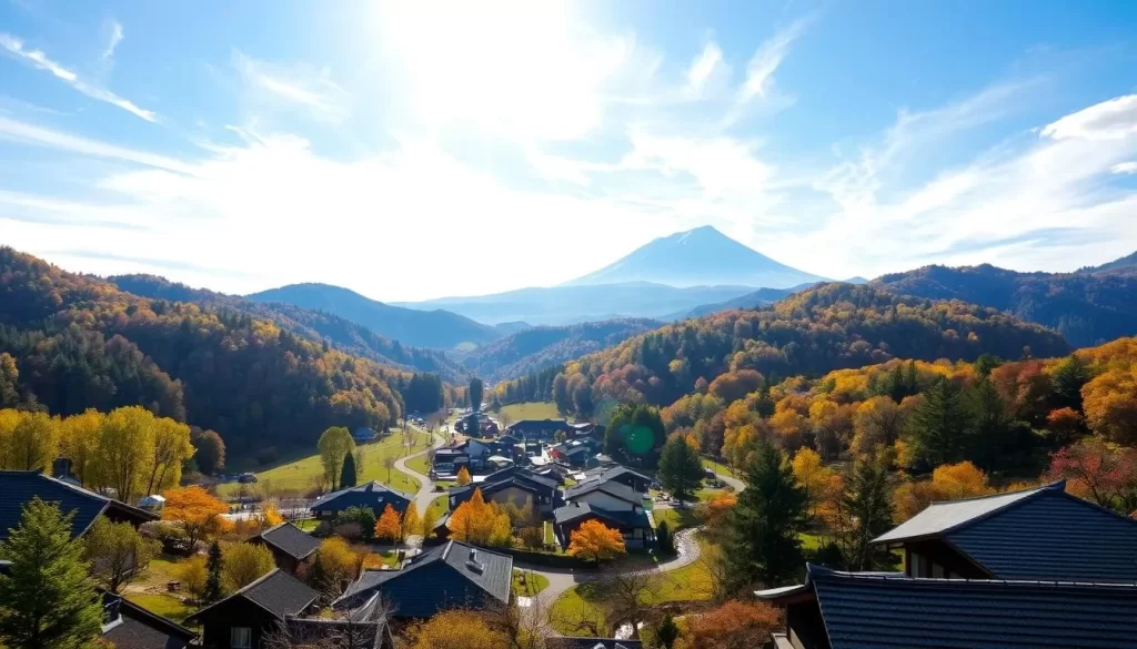 A scenic landscape of the Gifu Prefecture in Japan on a pleasant autumn day. Sunlight filters through wispy clouds, casting a warm glow over the rolling hills and lush forests. In the foreground, a traditional Japanese village nestled between verdant mountains, its tiled roofs and wooden structures blending harmoniously with the natural surroundings. Winding paths and tranquil streams invite exploration, while in the distance, the majestic peak of Mount Kinka rises, its slopes draped in a tapestry of vibrant fall foliage. The scene exudes a sense of serene tranquility, capturing the essence of Gifu's weather-savvy appeal as a premier destination for a picturesque getaway.