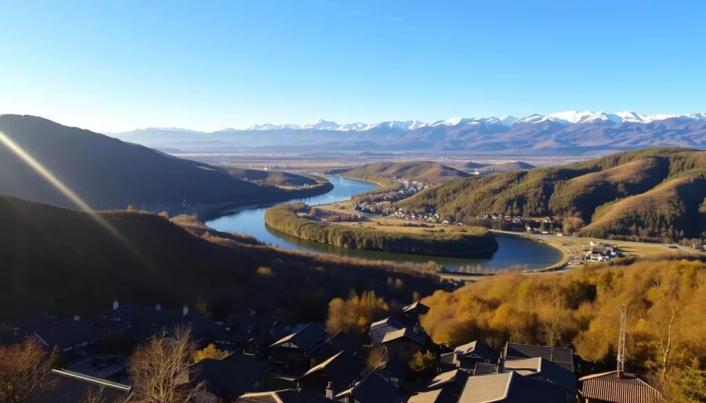 A scenic landscape of the Niigata region in Japan, bathed in warm golden light. In the foreground, a picturesque traditional Japanese village nestled among rolling hills, with tiled roofs and narrow streets. In the middle ground, a winding river cuts through the lush, verdant landscape, reflecting the cloudless blue sky above. In the distance, snow-capped peaks of the Japan Alps rise majestically, creating a breathtaking backdrop. The scene conveys a sense of tranquility and timelessness, inviting the viewer to imagine a peaceful, idyllic day in this beautiful corner of the country.