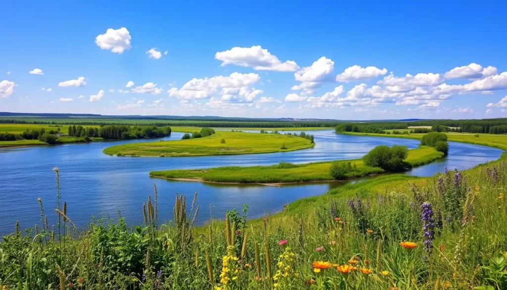 A scenic landscape of the Swan River in Manitoba, Canada, on a sunny day. In the foreground, a picturesque riverbank with lush greenery and vibrant wildflowers. The serene waters of the Swan River wind through the middle ground, reflecting the clear blue sky and fluffy white clouds above. In the background, rolling hills and a distant tree line create a peaceful, pastoral scene. Capture the rich history and cultural heritage of the region with an impressionistic, yet realistic style, using a wide-angle lens to showcase the tranquil beauty of this natural setting.