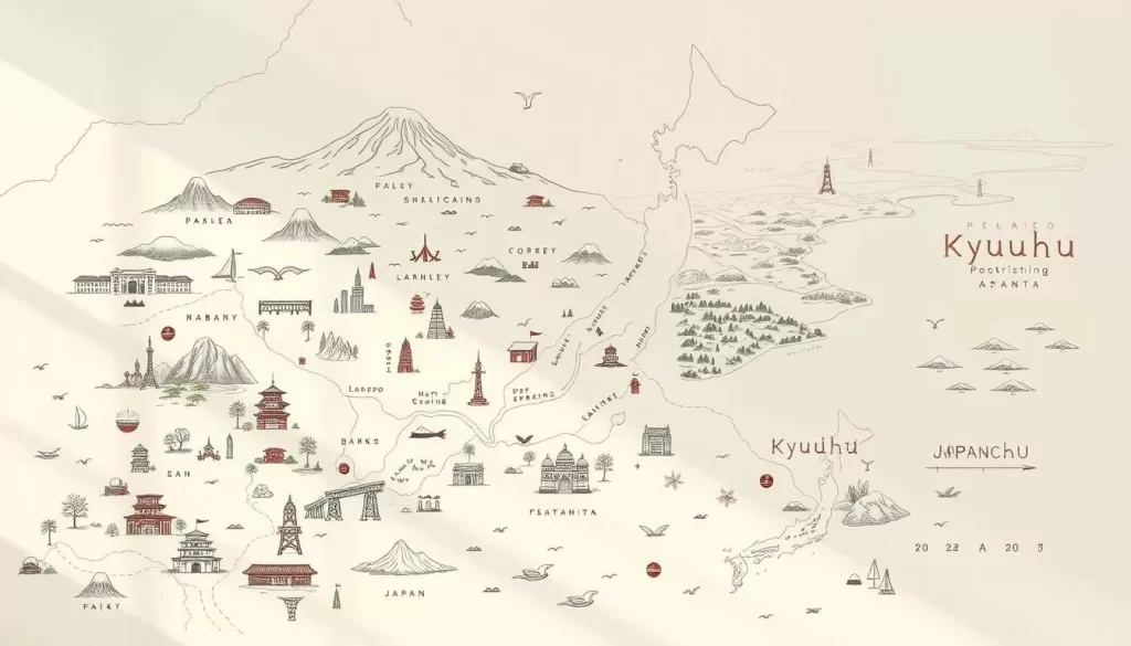 A scenic map of Kyushu island, Japan, with various points of interest and travel destinations illustrated in a hand-drawn, watercolor style. The map is set against a soft, pastel-toned background, bathed in warm, natural lighting that casts gentle shadows. In the foreground, there are detailed sketches of iconic landmarks and attractions, such as volcanic peaks, hot springs, shrines, and historical sites. The middle ground features winding roads, railways, and dotted coastal towns, while the distant background showcases the diverse landscapes of Kyushu, including rolling hills, lush forests, and the shimmering Seto Inland Sea. The overall composition conveys a sense of adventure, cultural richness, and the natural beauty of this Japanese island region.