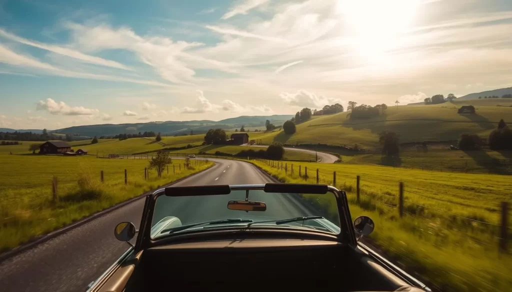 A scenic road trip through lush green countryside, with rolling hills, winding country roads, and picturesque barns or farmhouses in the distance. Warm sunlight filters through wispy clouds, casting a golden glow across the landscape. In the foreground, a vintage car or classic convertible cruises along, its occupants enjoying the pleasant weather and scenic views. The mood is one of relaxation, adventure, and the simple pleasures of a day spent exploring the great outdoors.