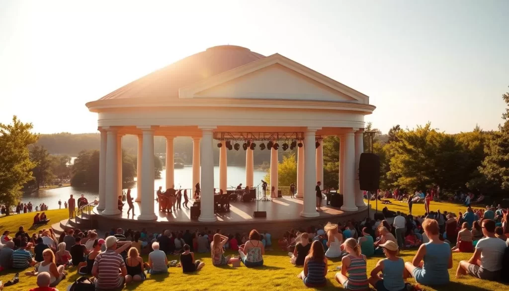 A scenic summer day at the iconic Lake Harriet Bandshell in Minneapolis, Minnesota. The stately, classical-style bandshell stands proudly in the foreground, its white columns and arched roof framing a picturesque view of the tranquil lake and vibrant greenery in the background. Warm sunlight floods the scene, casting a serene, golden glow over the entire landscape. People gather on the grassy slopes, enjoying the lively musical performance on the bandshell stage. The atmosphere is one of joyful community, outdoor recreation, and the appreciation of live music in a beautiful natural setting.
