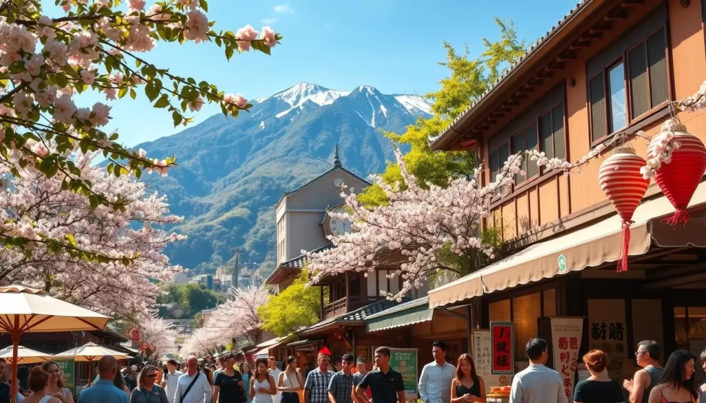 A scenic summer day in Kansai, Japan. Capture the vibrant atmosphere of bustling streets lined with traditional architecture, accented by blooming cherry blossoms and verdant foliage. Depict lively crowds enjoying local cuisine and festivities, with a backdrop of majestic mountains and a clear, azure sky. Utilize a wide-angle lens to convey a sense of depth and immersion, with warm, golden sunlight filtering through. Evoke the palpable energy and cultural richness that defines the Kansai region during the summer season.