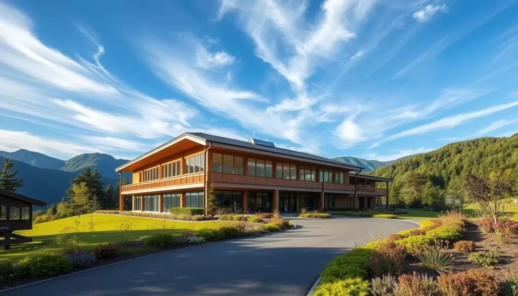 A scenic two-story visitor center nestled in the lush, verdant slopes of Aso-Kuju National Park, Japan. The building features a modern, wood-and-glass design with large windows framing panoramic views of the surrounding mountains and forests. In the foreground, a paved path leads visitors towards the entrance, flanked by carefully manicured gardens and native flora. The sky is a brilliant azure, with wispy clouds drifting overhead, creating a tranquil, serene atmosphere. Soft, directional lighting illuminates the center, accentuating its clean lines and natural materials. This idyllic scene captures the essence of the park's natural beauty and the thoughtful integration of the visitor experience into the stunning landscape.