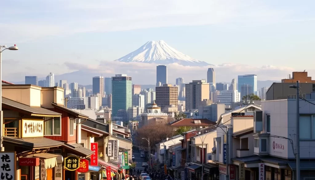 A scenic view of Kita-ku, Tokyo, on a pleasant day. In the foreground, bustling streets lined with traditional Japanese shops and restaurants, their vibrant signs and banners adding a touch of liveliness. In the middle ground, towering skyscrapers and modern high-rises, a testament to Tokyo's dynamic urban landscape. The background features the iconic Mount Fuji, its majestic snow-capped peak rising above the cityscape, creating a breathtaking panorama. Soft, diffused lighting filters through the clouds, casting a warm, golden glow over the scene. The overall atmosphere is one of harmony, where the old and new coexist seamlessly, inviting the viewer to explore the unique charms of this vibrant Tokyo neighborhood.