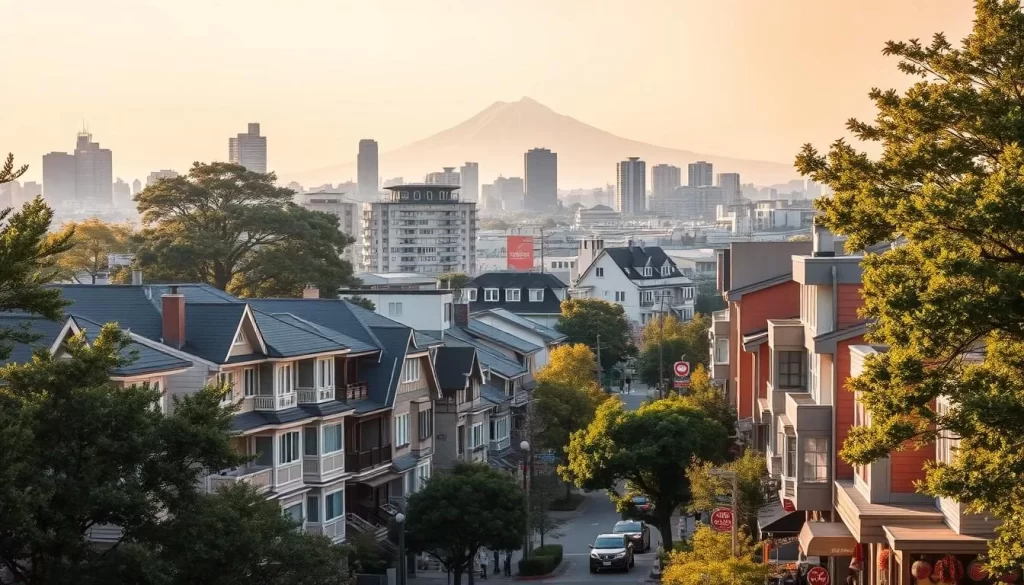 A scenic view of Kita-ku's vibrant residential neighborhoods on a pleasant day. In the foreground, well-maintained townhouses and apartment buildings line the tree-lined streets, their facades a harmonious blend of modern and traditional architectural styles. The middle ground features bustling local shops, cozy cafes, and pedestrians leisurely strolling about. In the background, the silhouettes of high-rise buildings and the distant outline of Mount Fuji create a serene, urban skyline bathed in soft, warm lighting. The overall atmosphere conveys a sense of peaceful, community-driven living in this thriving section of Tokyo.