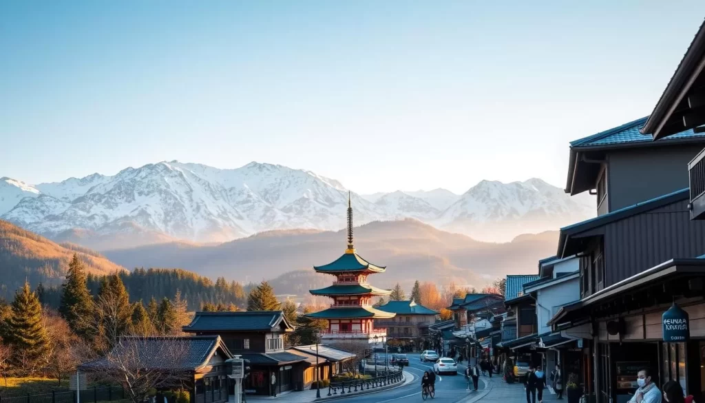 A scenic view of Nagano City, nestled in the Japanese Alps. The snow-capped peaks of the Machinaga Mountains rise majestically in the background, their rugged slopes contrasted by the lush green forests and rolling hills in the foreground. In the center, the historic Zenkoji Temple stands as a beacon, its intricate architecture and serene pagodas bathed in warm, golden sunlight. Winding streets lined with traditional Japanese buildings and quaint shops lead towards the city's vibrant center, where locals and visitors alike stroll leisurely, taking in the crisp, alpine air and stunning vistas. The scene conveys a sense of peaceful tranquility, capturing the essence of Nagano City as Japan's alpine gem.